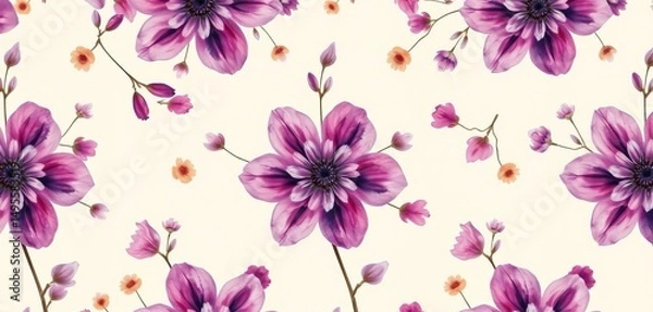 Fototapeta Beige and purple watercolor boho floral seamless pattern Dried flowers, rustic background, repeat texture for fabric, illustration, repeat