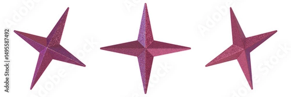 Fototapeta 3D rendered geometric four-pointed star with metallic pink glittery texture and futuristic look 3D shape