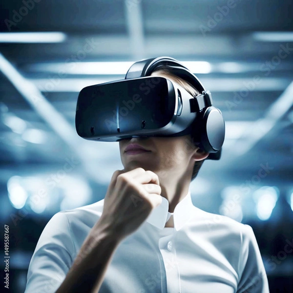 Obraz Modern people using virtual reality headsets in stylish interior or abstract space, with room for text