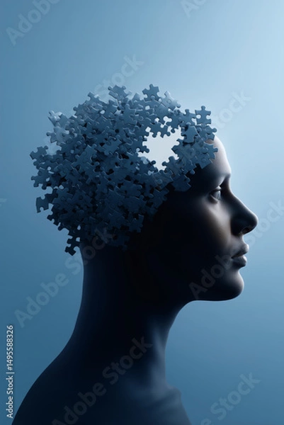 Fototapeta Mind puzzle: Woman's profile with missing piece reveals cognitive concepts and creative problem-solving.