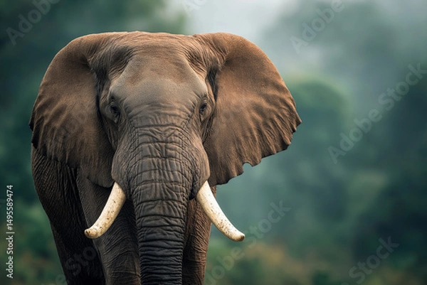 Obraz Close-Up of Majestic Elephant with Tusks in Misty Forest