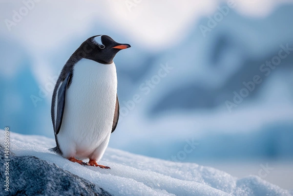 Obraz Solitary Penguin Standing on Snowy Rock with Icy Background