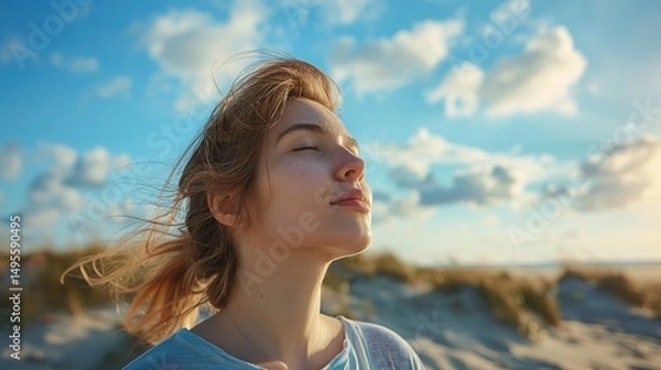 Fototapeta A low viewpoint depicts a young lady breathing in fresh air while closing her eyes against a sunny blue sky with text space, Generative AI.