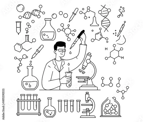 Obraz Cartoon vector doodle set of science and chemistry icons for school children