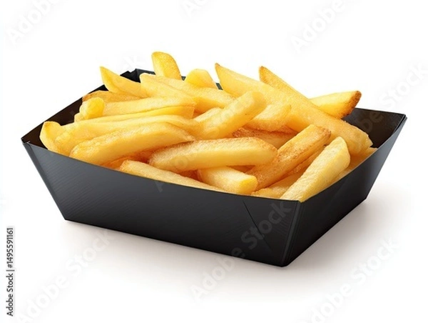 Fototapeta Golden-fried potato sticks in a black cardboard tray.  Crispy, golden-brown French fries arranged in a dark cardboard container, isolated against a white background.  Perfectly cooked and ready to eat