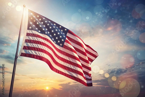 Obraz Stunning image of the United States flag waving proudly in the evening light with a dramatic sunset and glowing lens flare. Ideal for Independence Day, Memorial Day, and patriotic-themed projects