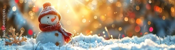 Fototapeta Christmas snowman in closeup, silhouetted against hazy morning sunshine and sporting a red muffler and red cap, Generative AI.