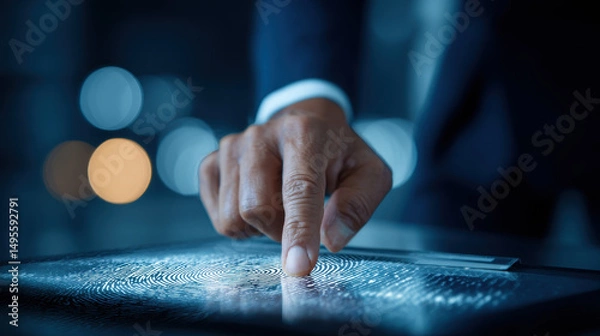 Fototapeta Businessman uses touchscreen with fingerprint scan