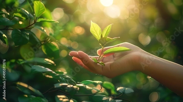 Fototapeta Sunny background with a green growing tree that is being held by hand and a nice ecology concept with text space, Generative AI.