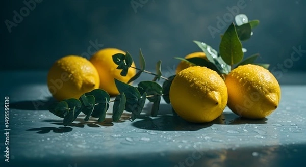 Obraz Juicy Lemons with Dewdrops and Eucalyptus Leaves on Dark Background