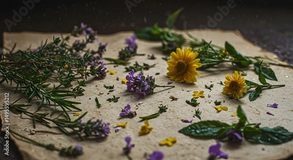 Obraz Rustic Still Life of Herbs and Flowers on Aged Parchment