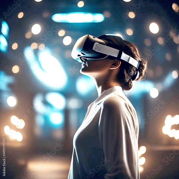 Obraz Modern people using virtual reality headsets in stylish interior or abstract space, with room for text