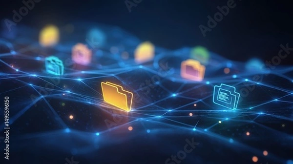 Fototapeta Abstract network grid with files and folders, futuristic software interface, digital document management system, store, search and organize documents, corporate business, paperless office	
