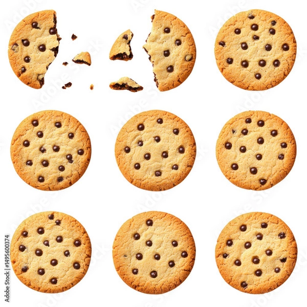 Fototapeta Collection of chocolate chip cookies arranged grid pattern, with one cookie broken into pieces. cookies are golden brown with evenly distributed chocolate chips, creating delicious and inviting