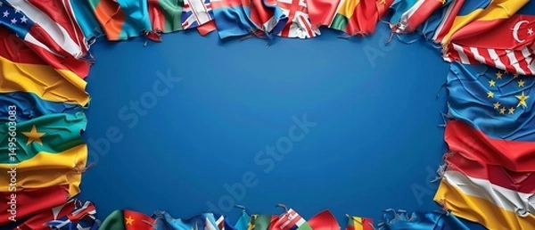 Fototapeta Global flags in vibrant colors set against a blue background with plenty of room for text, Generative AI.