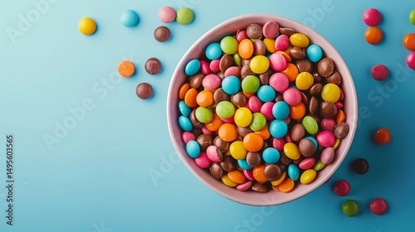 Fototapeta Above image depicts multicoloured chocolate beans in a bowl with space for advertising on a blue backdrop, Generative AI.