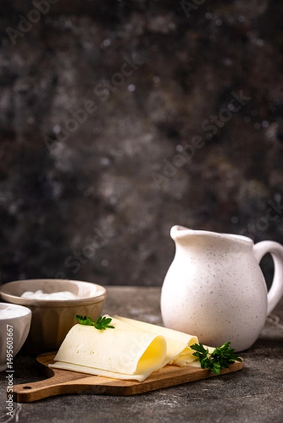 Obraz Dairy products. Milk, cottage cheese, cream, butter and yogurt