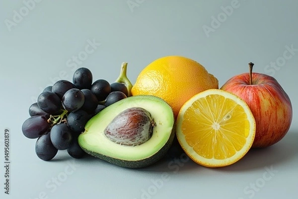 Fototapeta Vivid fruits and veggies rainbow colored vegan food isolated on a gray background with room for an advertisement, Generative AI.