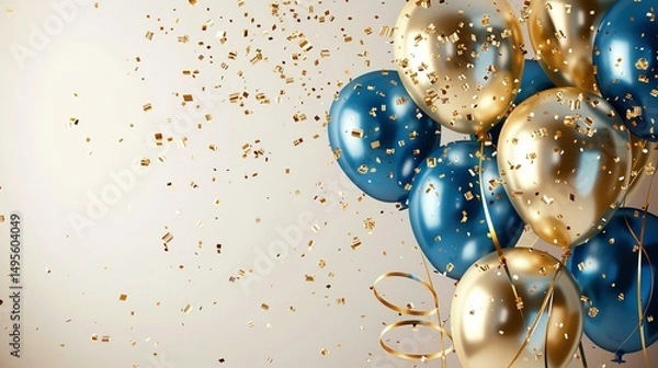 Fototapeta A concept for a birthday celebration featuring a white backdrop with a pile of metallic and golden balloons and text space, Generative AI.