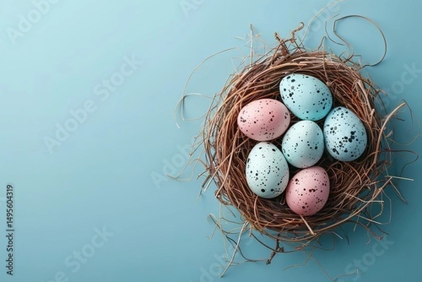 Fototapeta Easter backdrop with eggs in a nest of birds on a blue background with plenty of room for advertising, Generative AI.