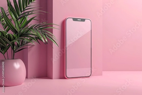 Fototapeta Smartphone dummy featuring verdant foliage against a pink background and room for advertising, Generative AI.