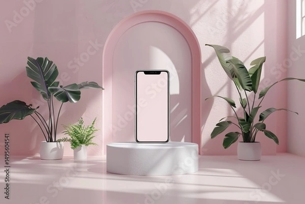 Fototapeta Smartphone dummy featuring verdant foliage against a light pink background and room for advertising, Generative AI.
