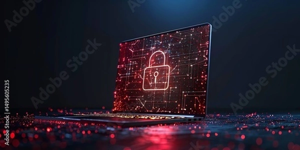 Fototapeta A dark background features a polygonal laptop featuring a starry sky that illustrates a digital data security notion with space for advertising, Generative AI.