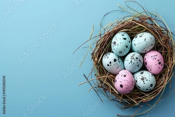 Fototapeta Easter backdrop with eggs in a nest of birds on a blue background with plenty of room for advertising, Generative AI.