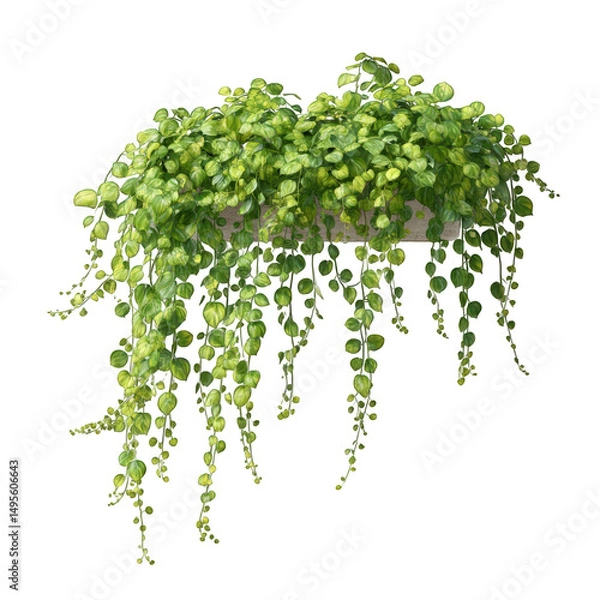 Fototapeta Hanging plant with small round green leaves cascading down from a pot against a black background