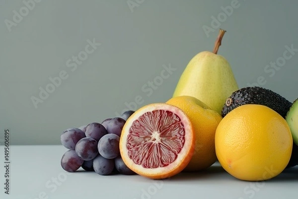 Fototapeta Vivid fruits and veggies rainbow colored vegan food isolated on a gray background with room for an advertisement, Generative AI.