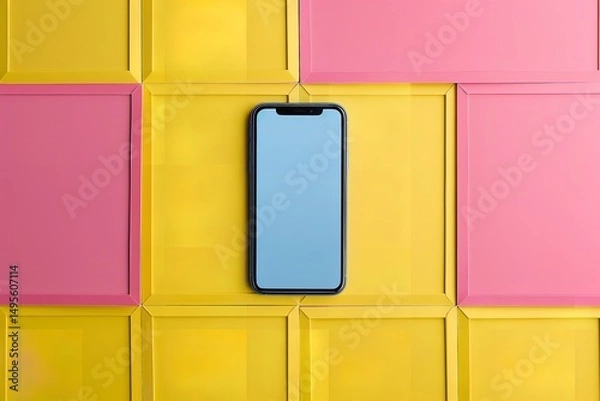 Fototapeta Smartphone dummy featuring verdant foliage against a pink wooded background and room for advertising, Generative AI.