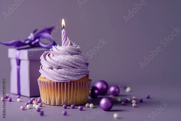 Fototapeta Close-up of a purple cupcake with a candle and a present box, featuring a birthday celebration motif set against a purple backdrop with text space, Generative AI.