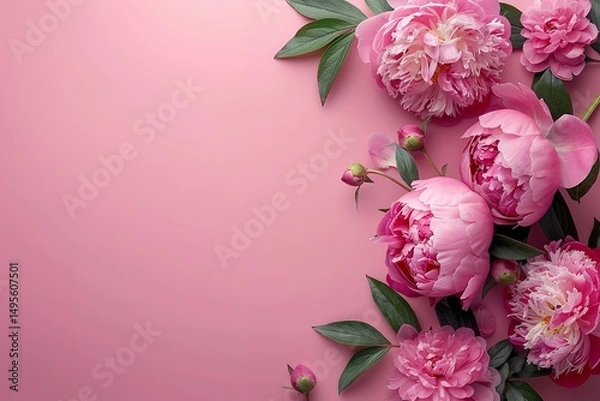 Fototapeta International Women's Day concept and abstract natural floral frame layout with text space and peonies roses on a pink background, Generative AI.