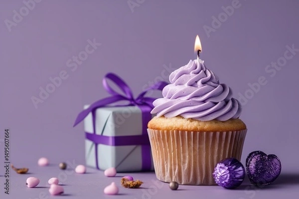 Fototapeta Close-up of a purple cupcake with a candle and a present box, featuring a birthday celebration motif set against a purple backdrop with text space, Generative AI.