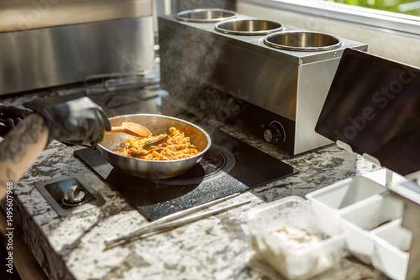 Obraz In a modern kitchen, a chef prepares a delicious meal with fresh ingredients, ensuring the best dining experience