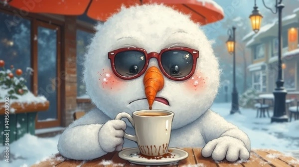 Obraz Grumpy Snowman Sipping Espresso A Winter's Day Illustration