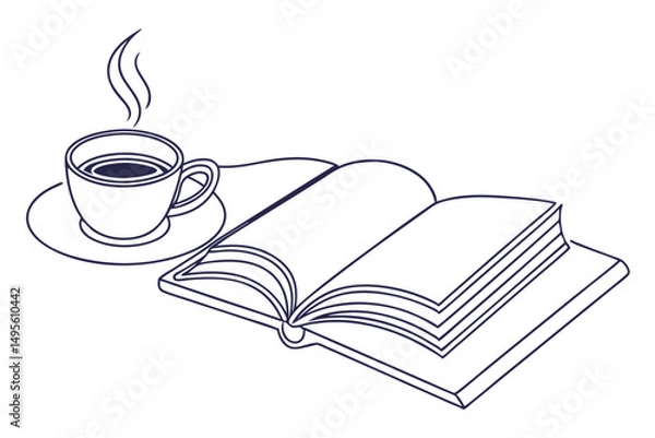 Fototapeta Simple continuous line art of coffee with a book