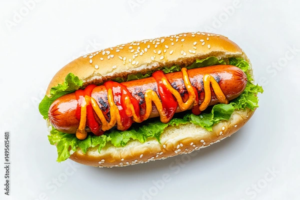 Fototapeta Juicy grilled hot dog with ketchup, mustard, and fresh lettuce served in a sesame seed bun on a white background.