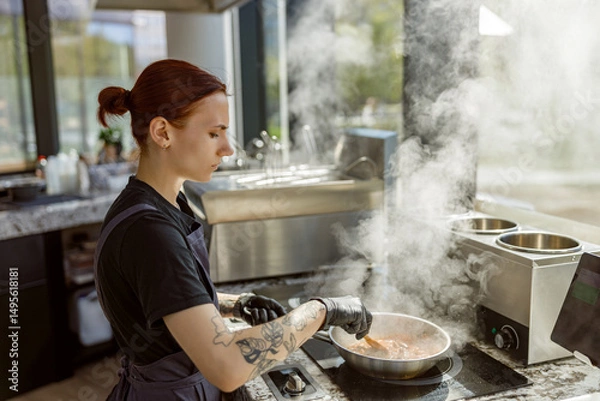 Obraz A skilled chef expertly prepares a delicious meal in a modern kitchen that is filled with billowing steam