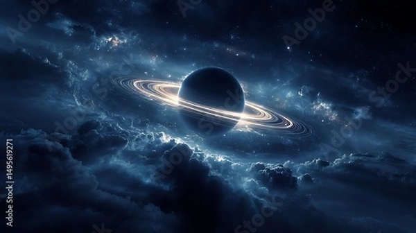 Fototapeta A Dark Planet Amidst a Celestial Nebula with Rings