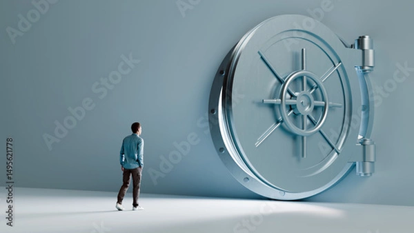 Obraz Man Standing in Front of Giant Vault Door - Opportunity, Security, and Future Potential, 3D Render