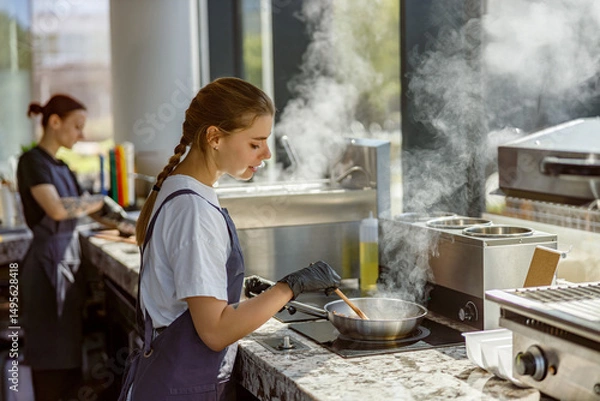 Obraz In a vibrant and lively contemporary kitchen, a young chef skillfully and passionately prepares a delicious dish