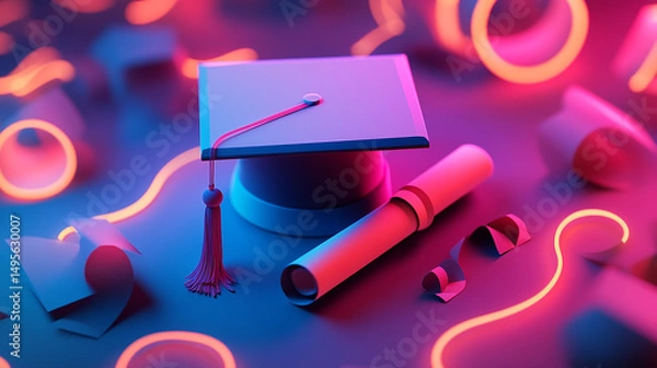 Fototapeta Graduation cap with glowing diploma certificate