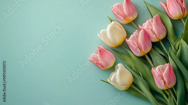 Fototapeta Bouquet of tulips on a green background top view