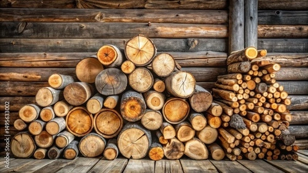 Obraz A rustic log cabin interior showcasing neatly stacked firewood against a wall of aged timber