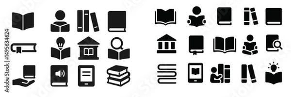 Obraz Variety of black and white icons representing books, reading, and libraries in a casual learning environment