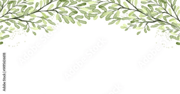 Fototapeta Floral border with watercolor tree branches and leaves. Abstract plant frame, nature background. Vector illustration