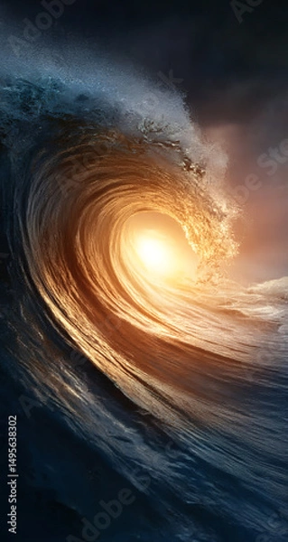 Fototapeta Surreal swirling ocean wave with golden glow in dark storm