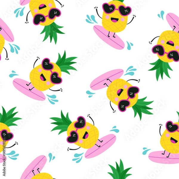 Fototapeta Seamless pattern with cartoon pineapple is surfing in the sea, vector