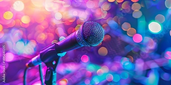 Fototapeta A dynamic microphone on a stand against a dazzling background of vibrant, colorful bokeh lights from a live music concert or show